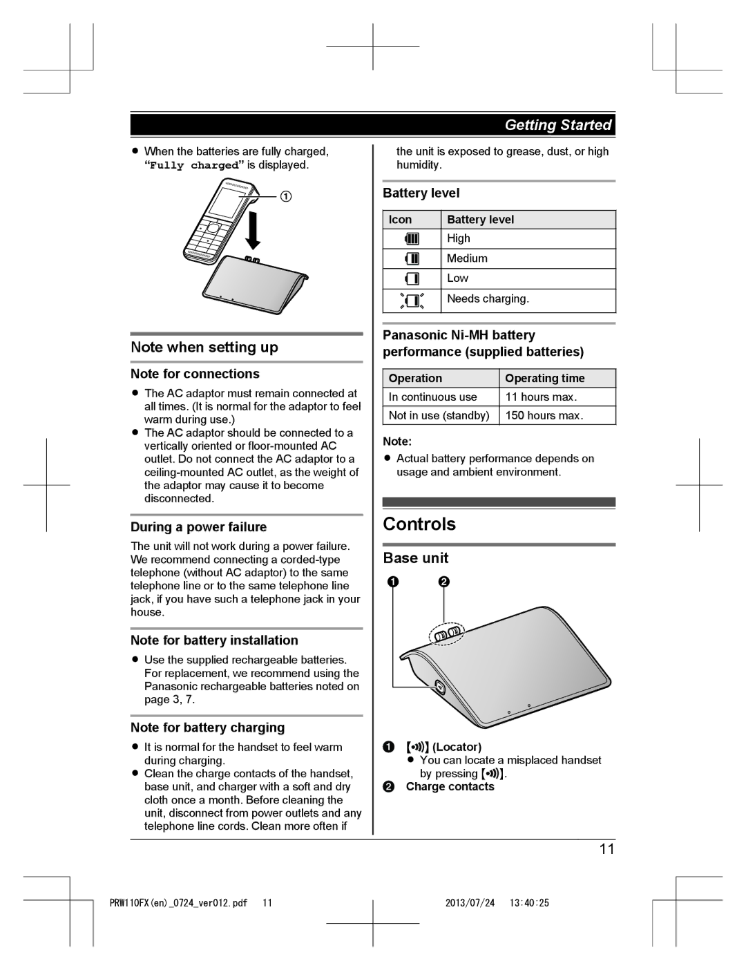 Panasonic KX-PRW110FX operating instructions Controls, Base unit, During a power failure, Battery level 