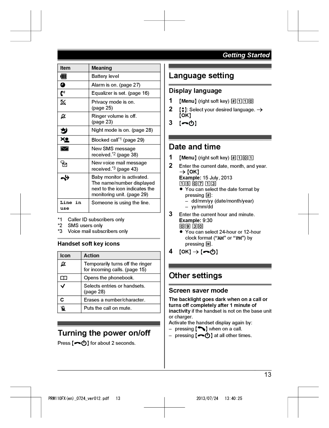 Panasonic KX-PRW110FX operating instructions Turning the power on/off, Language setting, Date and time, Other settings 