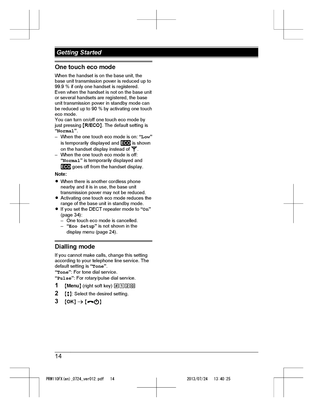 Panasonic KX-PRW110FX operating instructions One touch eco mode, Dialling mode 