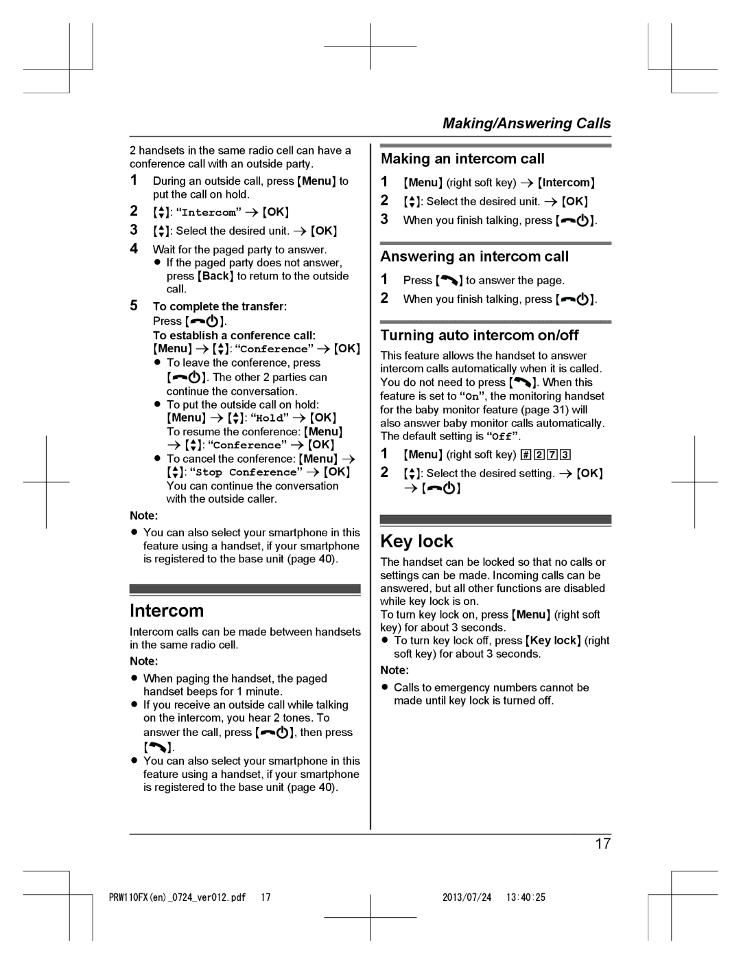 Panasonic KX-PRW110FX operating instructions Intercom, Key lock, Making an intercom call, Answering an intercom call 