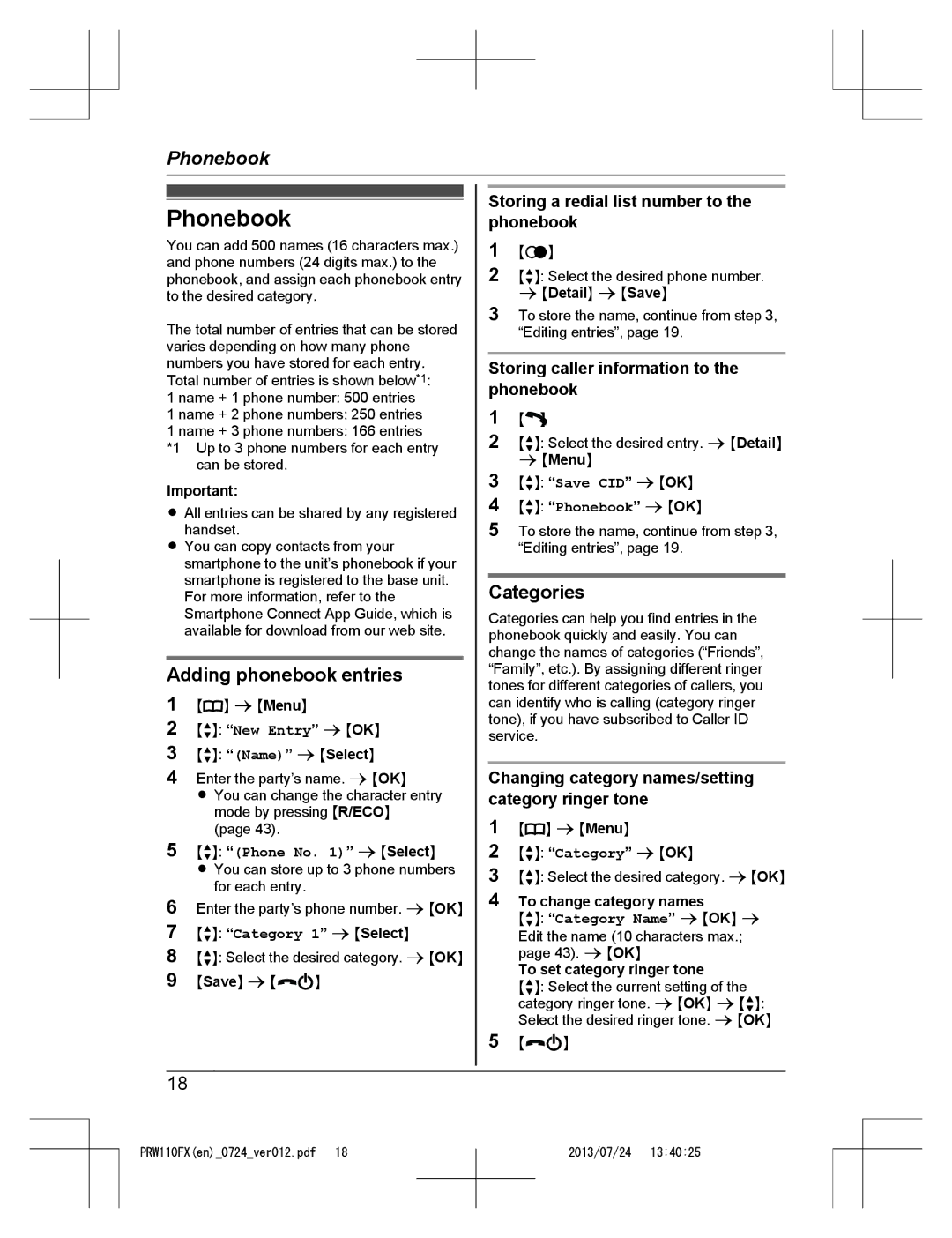 Panasonic KX-PRW110FX operating instructions Phonebook, Categories, Adding phonebook entries 