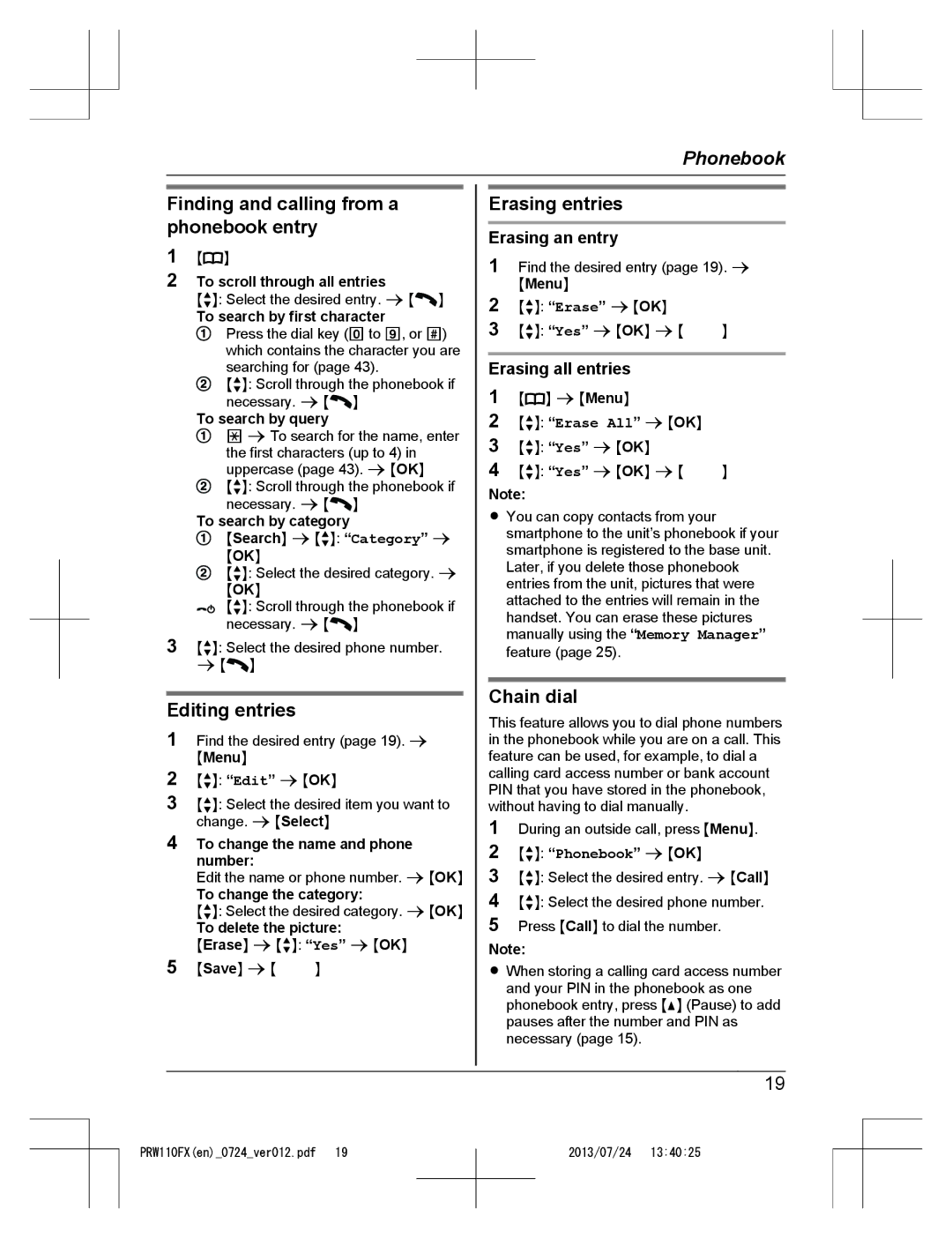 Panasonic KX-PRW110FX Finding and calling from a phonebook entry, Editing entries, Erasing entries, Chain dial 