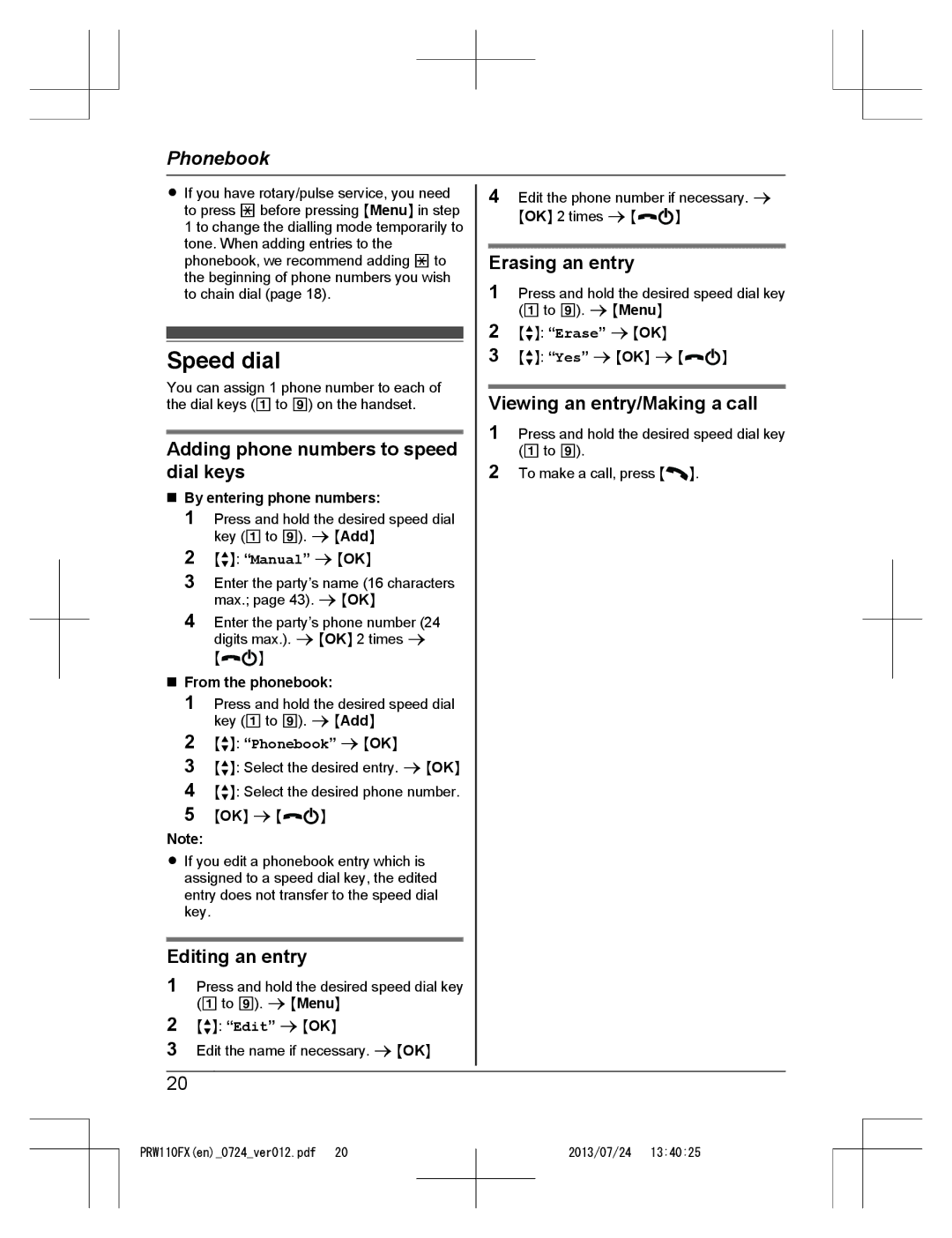 Panasonic KX-PRW110FX operating instructions Speed dial 