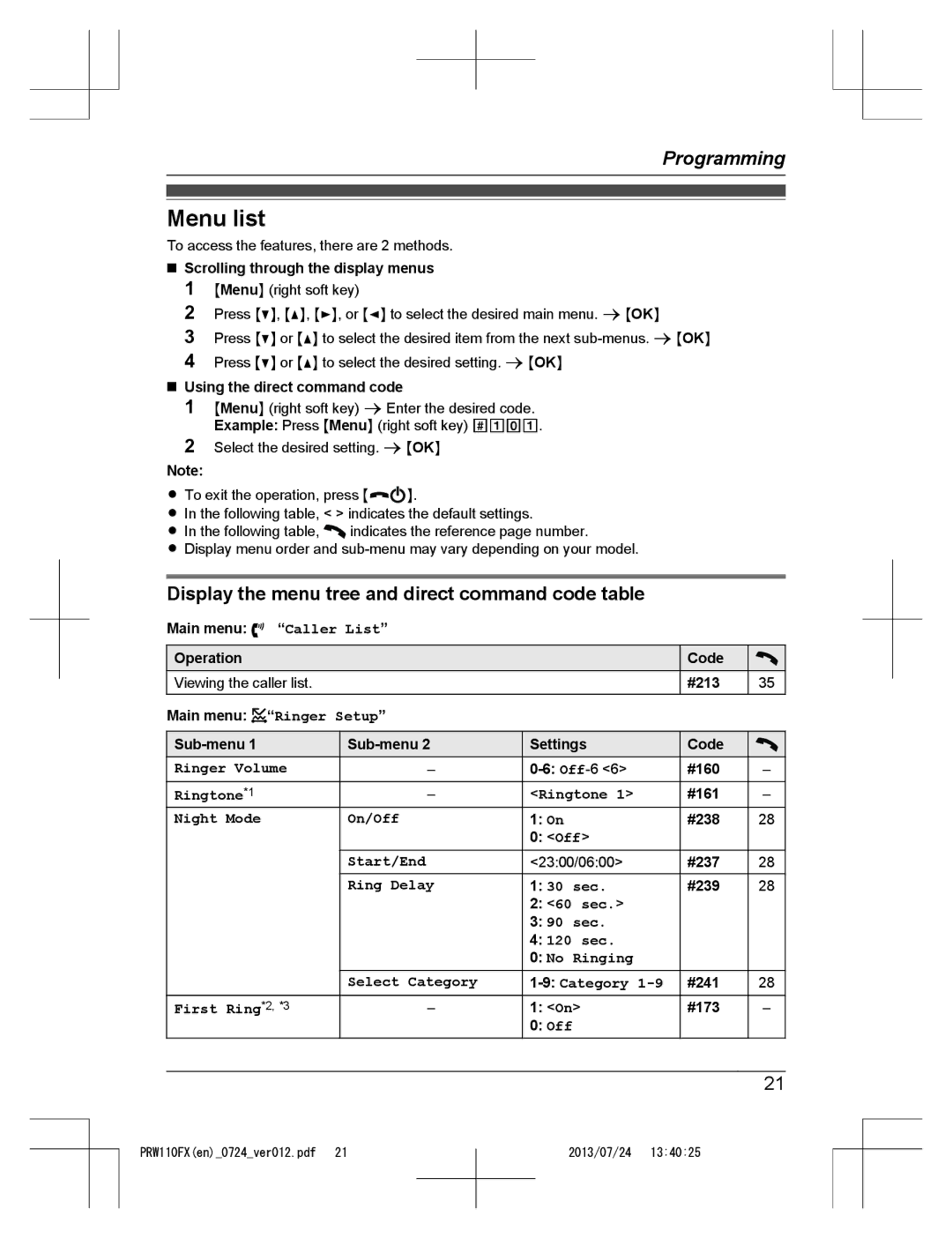 Panasonic KX-PRW110FX operating instructions Menu list, Display the menu tree and direct command code table 