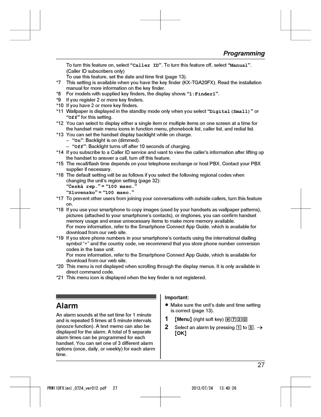 Panasonic KX-PRW110FX operating instructions Alarm, Česká rep. = 100 msec. Slovensko = 100 msec 