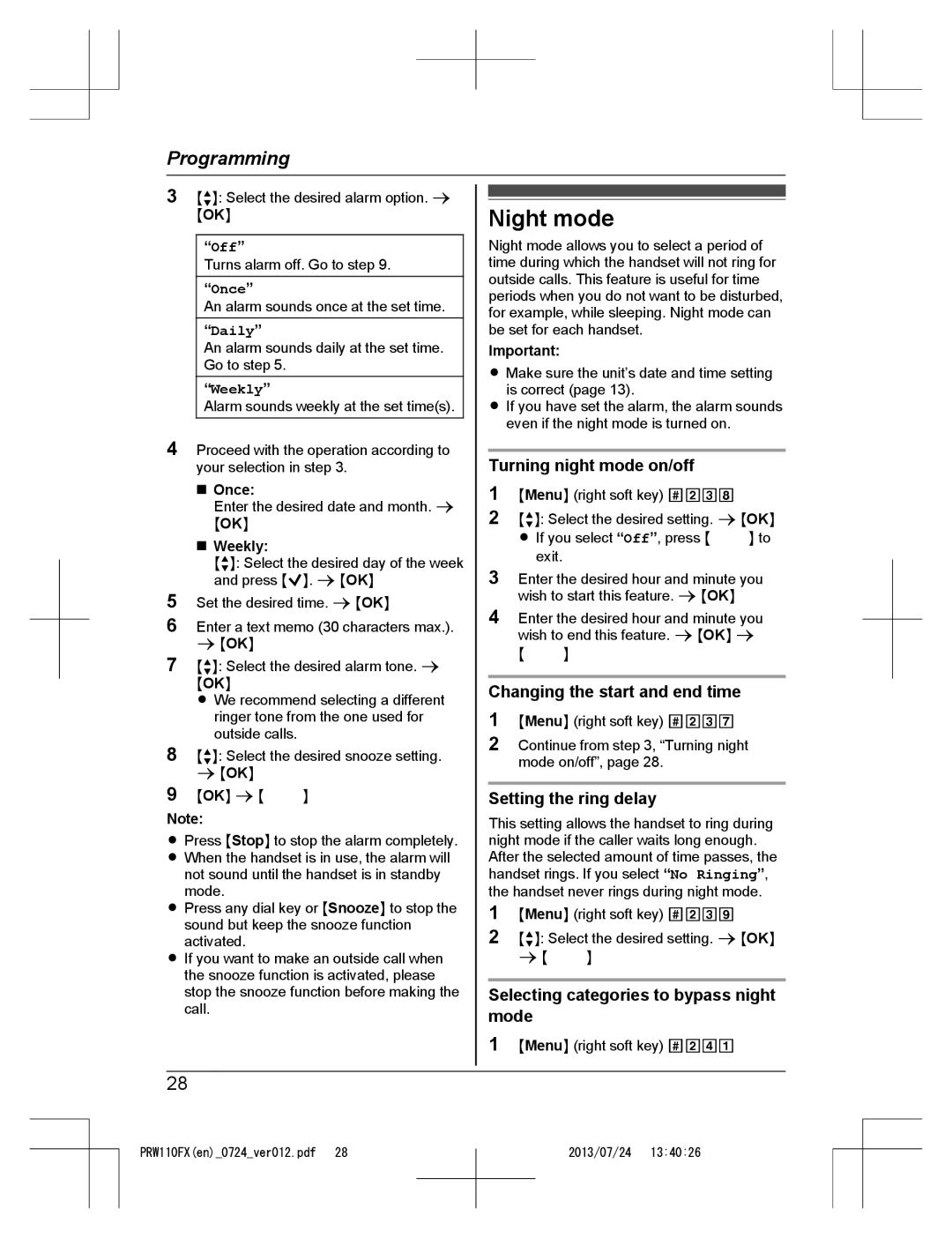 Panasonic KX-PRW110FX Night mode, Turning night mode on/off, Changing the start and end time, Setting the ring delay 