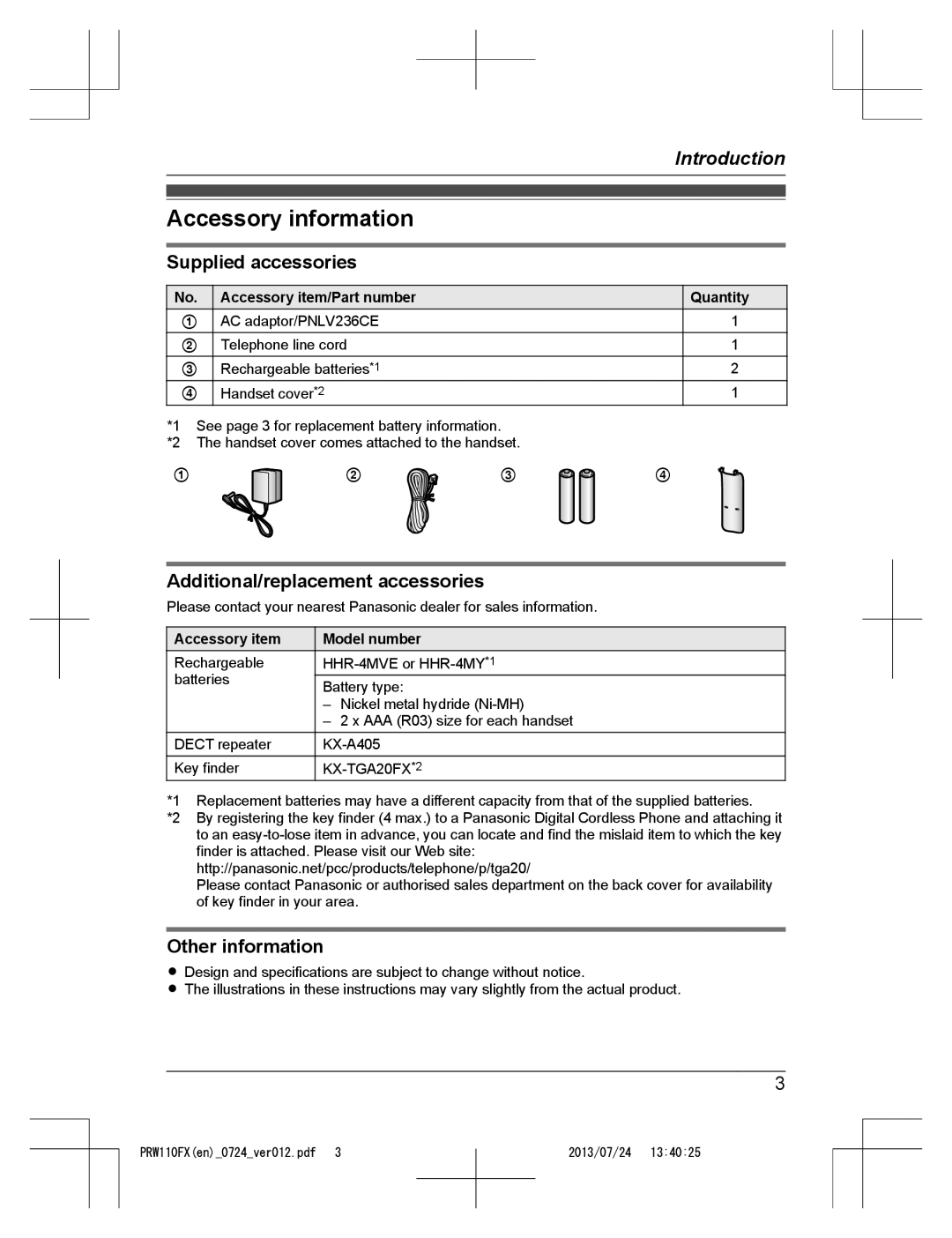 Panasonic KX-PRW110FX Accessory information, Supplied accessories, Additional/replacement accessories, Other information 