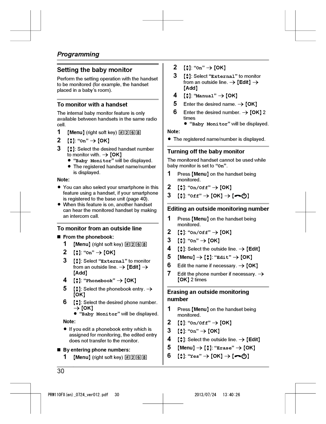 Panasonic KX-PRW110FX operating instructions Setting the baby monitor 