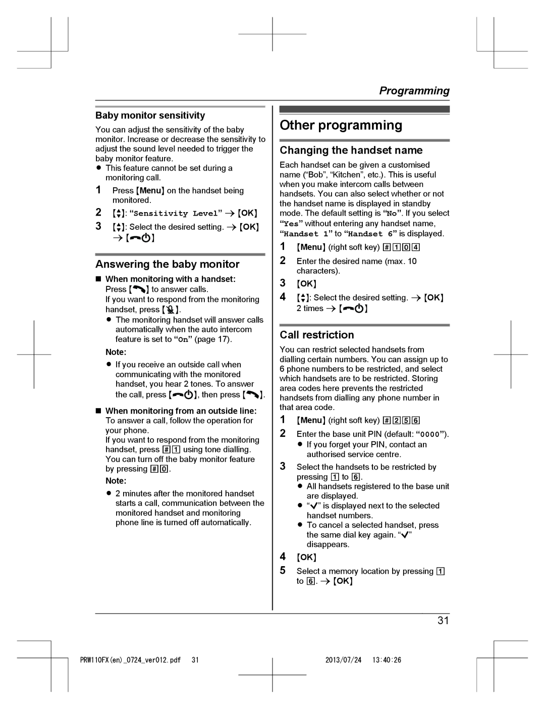 Panasonic KX-PRW110FX Other programming, Answering the baby monitor, Changing the handset name, Call restriction 