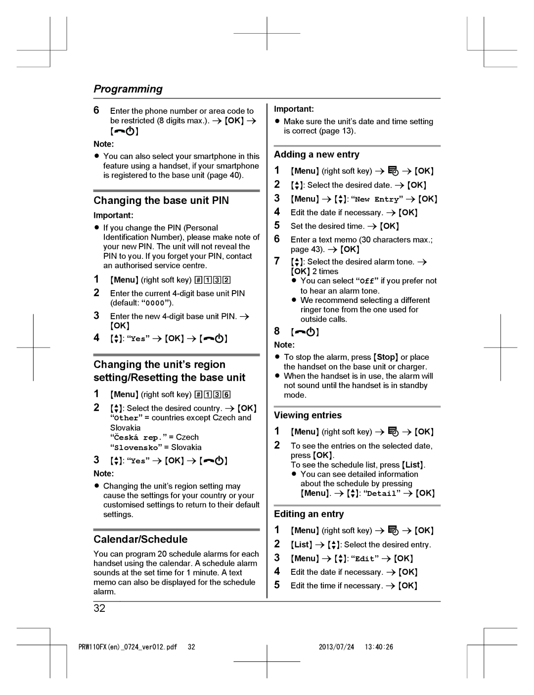 Panasonic KX-PRW110FX Changing the base unit PIN, Changing the unit’s region setting/Resetting the base unit 