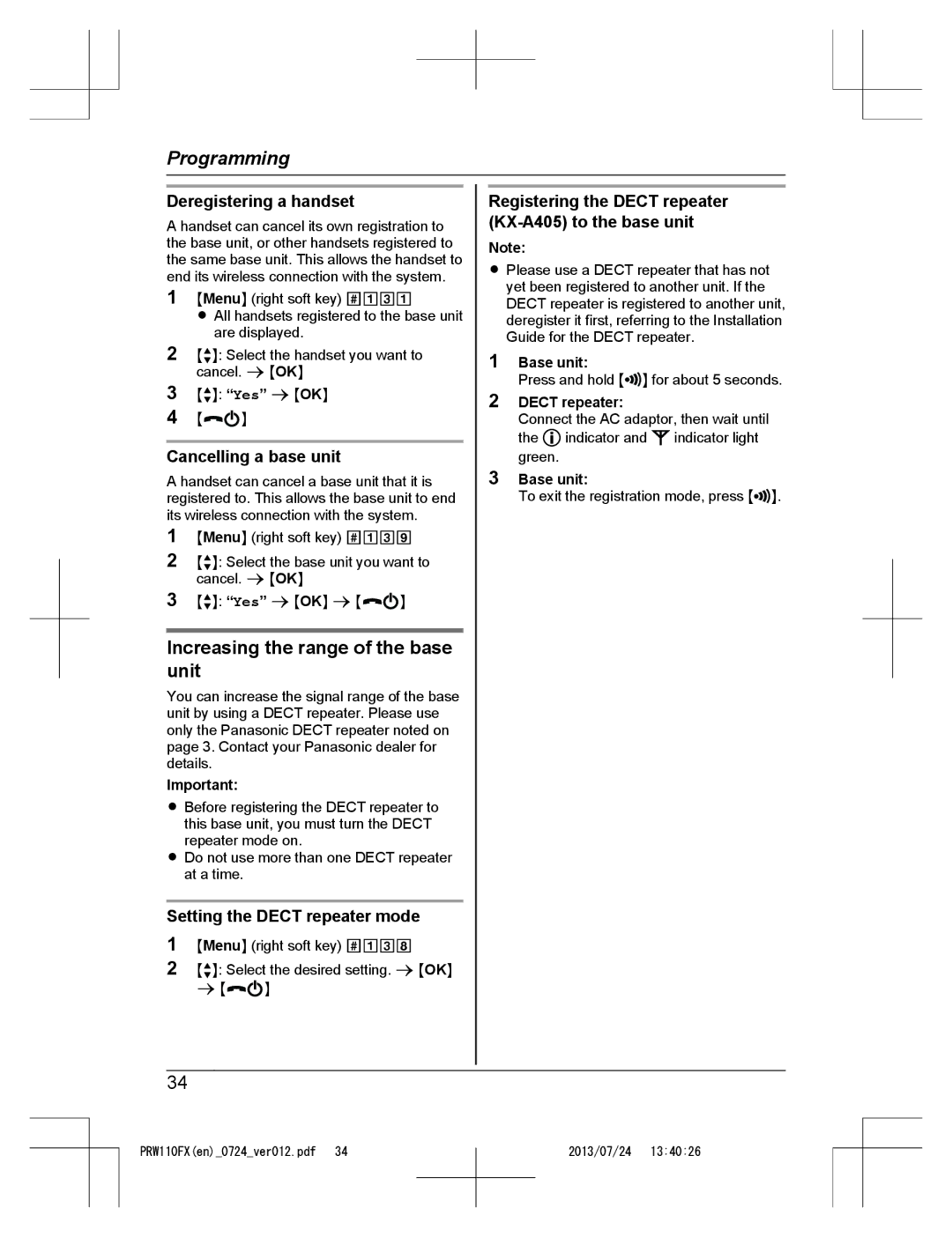 Panasonic KX-PRW110FX Increasing the range of the base unit, Deregistering a handset, Cancelling a base unit 