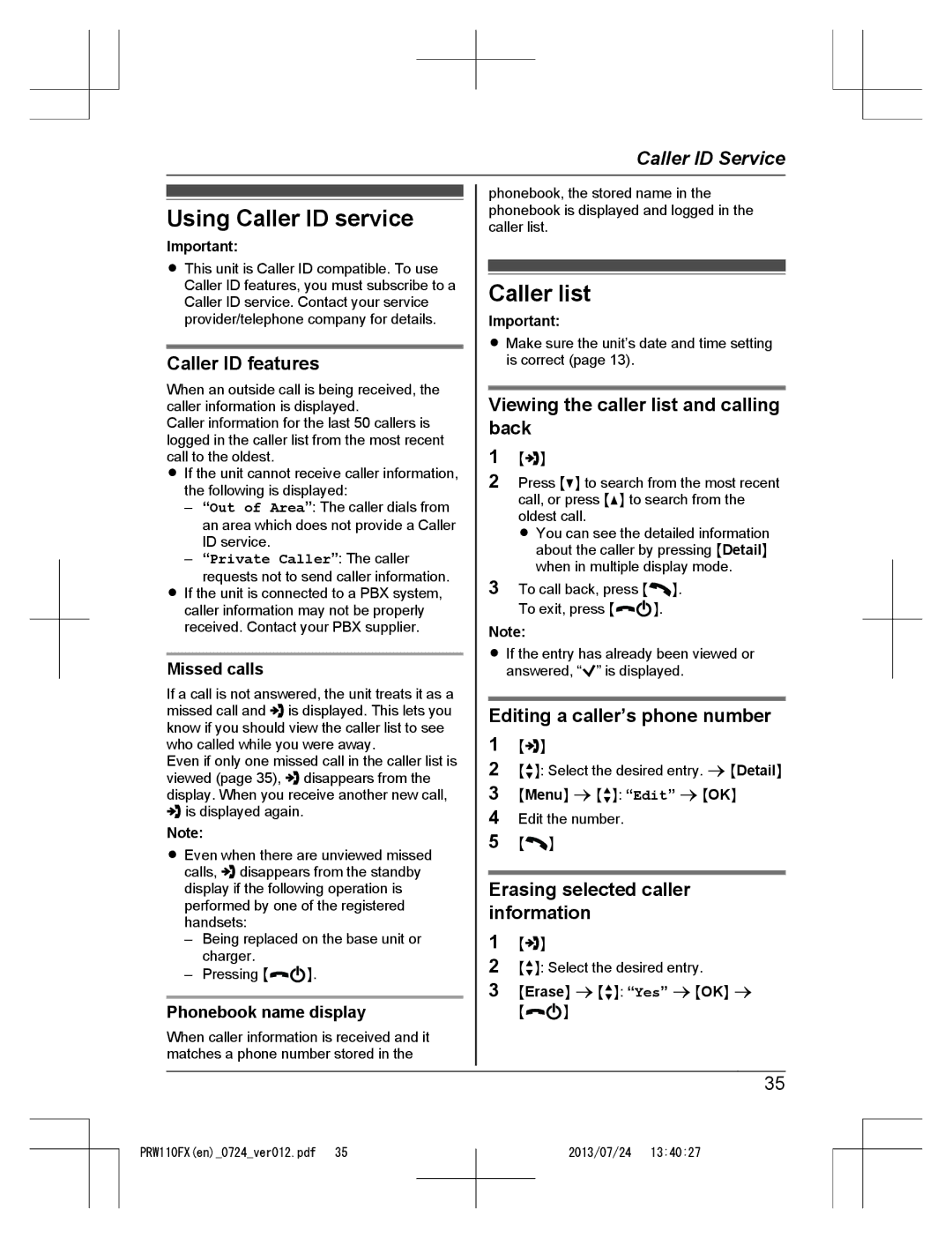 Panasonic KX-PRW110FX operating instructions Using Caller ID service, Caller list 