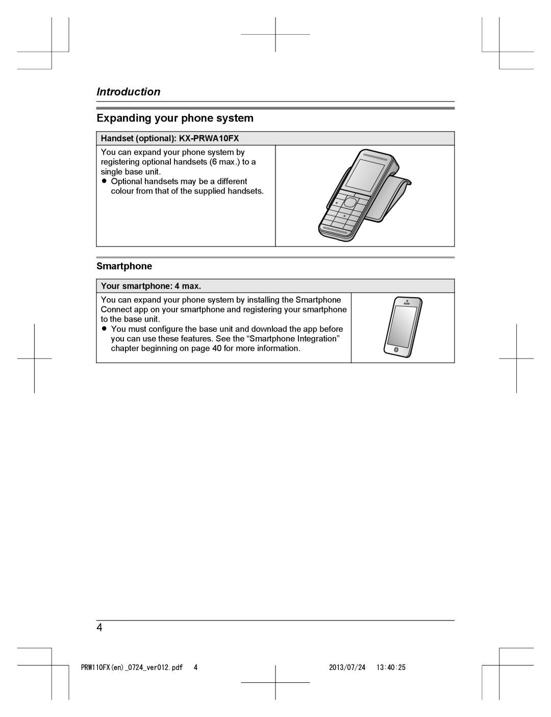 Panasonic KX-PRW110FX Expanding your phone system, Smartphone, Handset optional KX-PRWA10FX, Your smartphone 4 max 