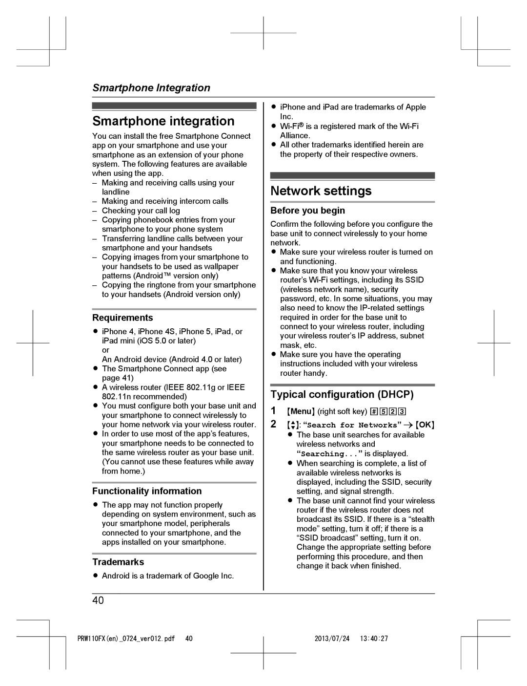 Panasonic KX-PRW110FX operating instructions Smartphone integration, Network settings, Typical configuration Dhcp 