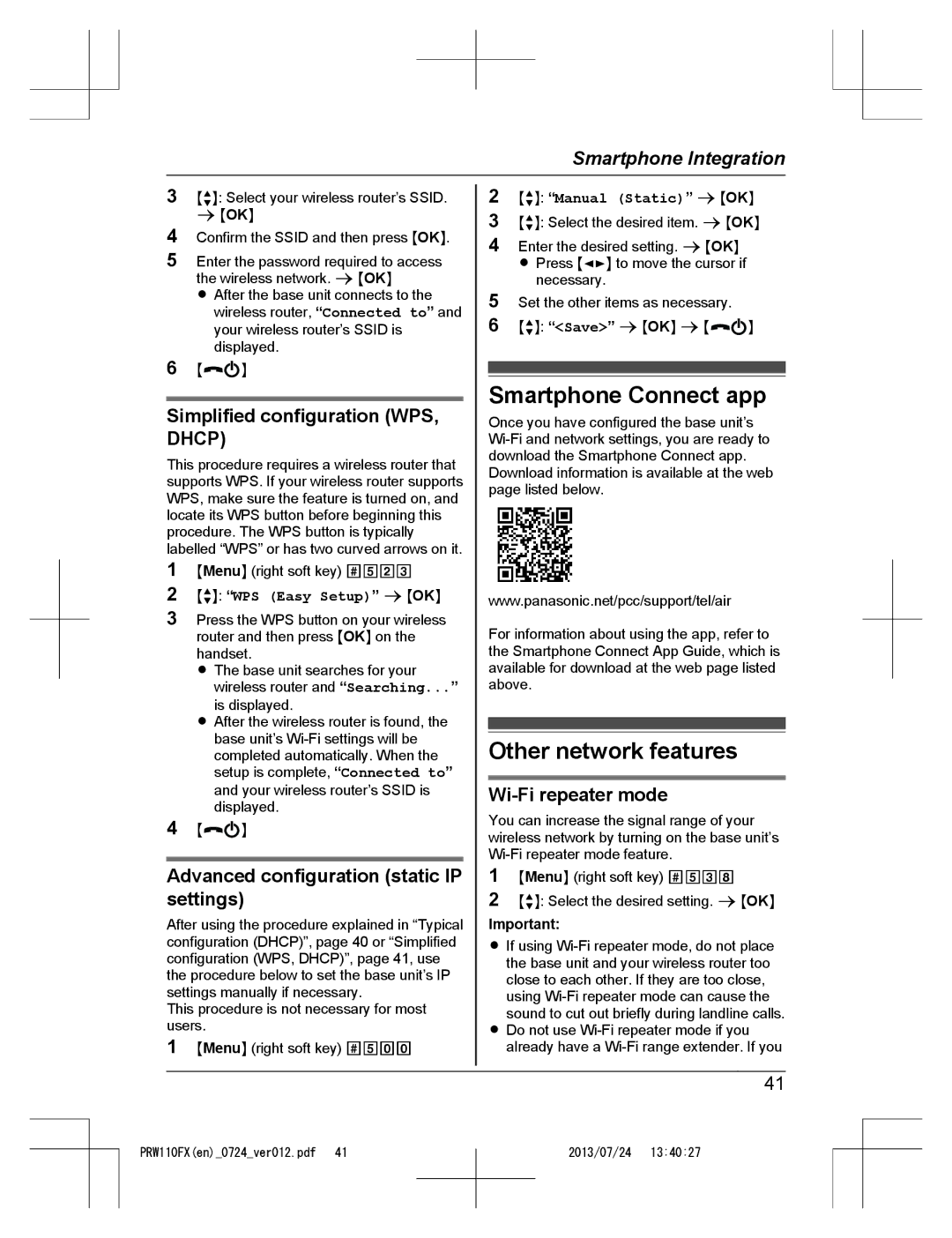 Panasonic KX-PRW110FX operating instructions Smartphone Connect app, Other network features 