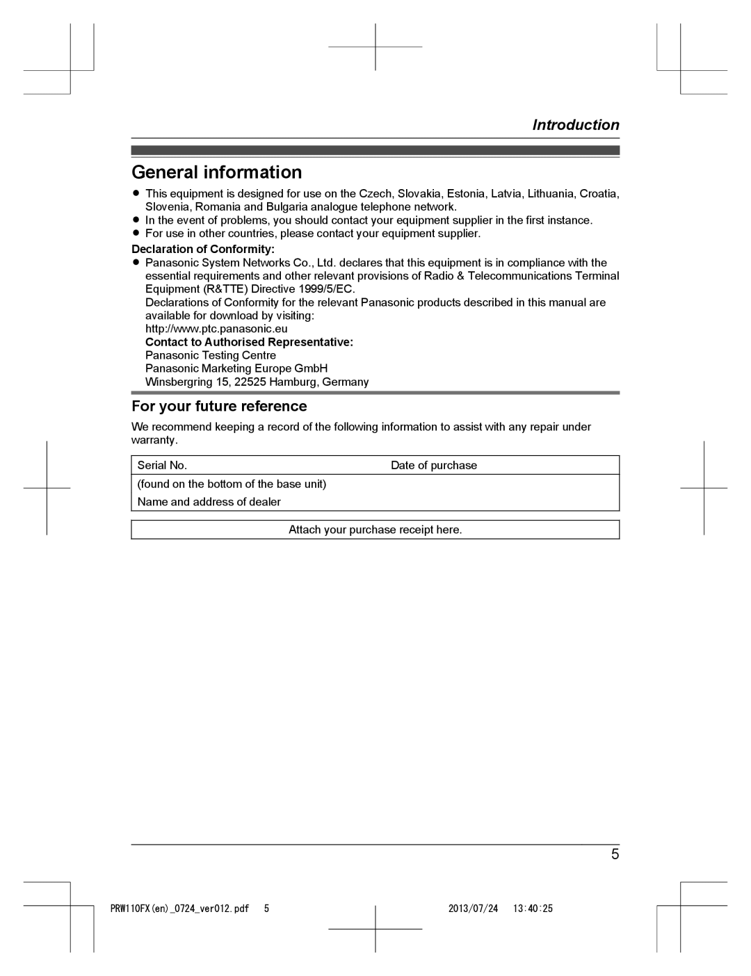 Panasonic KX-PRW110FX operating instructions General information, For your future reference, Declaration of Conformity 