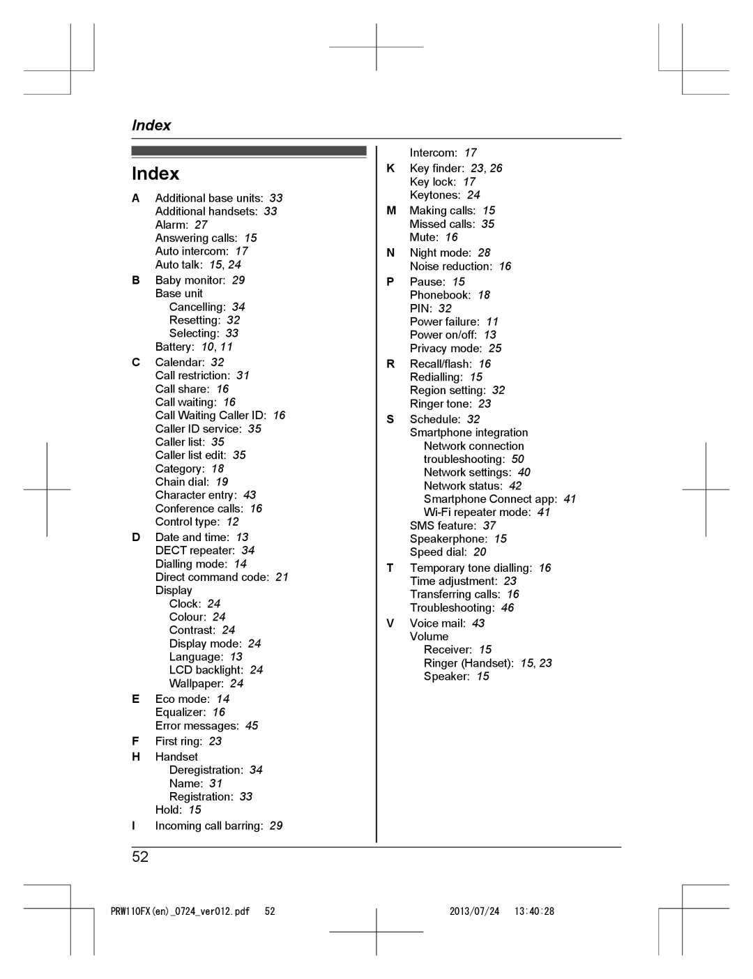 Panasonic KX-PRW110FX operating instructions Index 