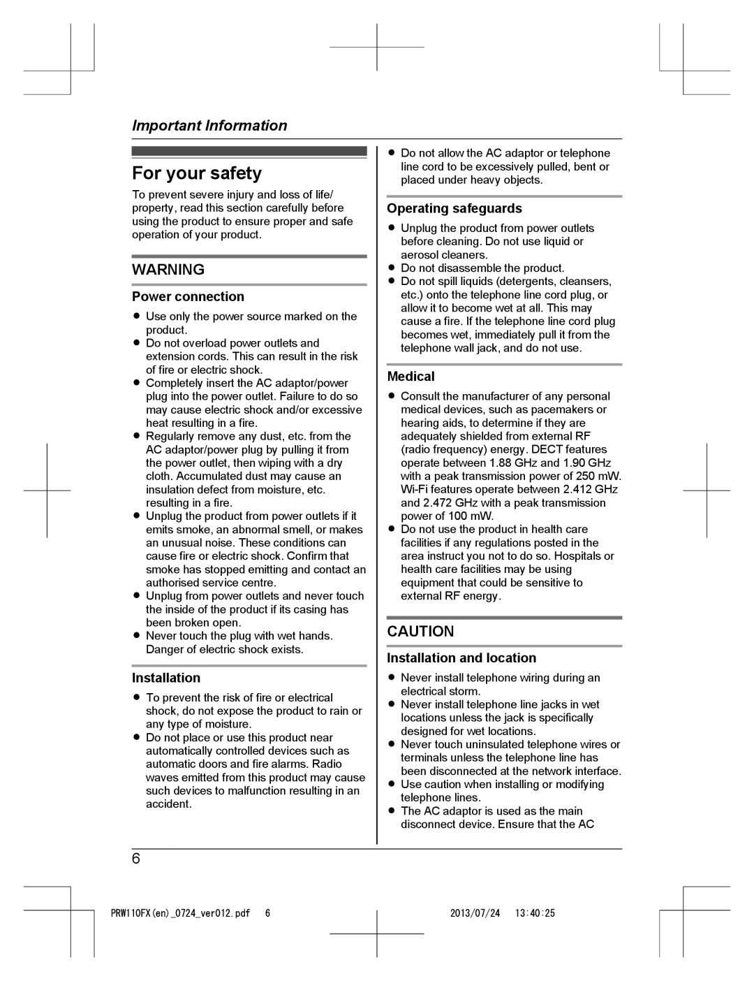 Panasonic KX-PRW110FX operating instructions For your safety 