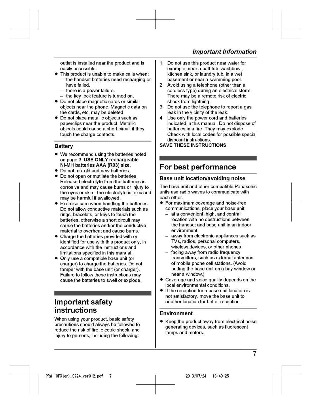 Panasonic KX-PRW110FX Important safety instructions, For best performance, Battery, Base unit location/avoiding noise 