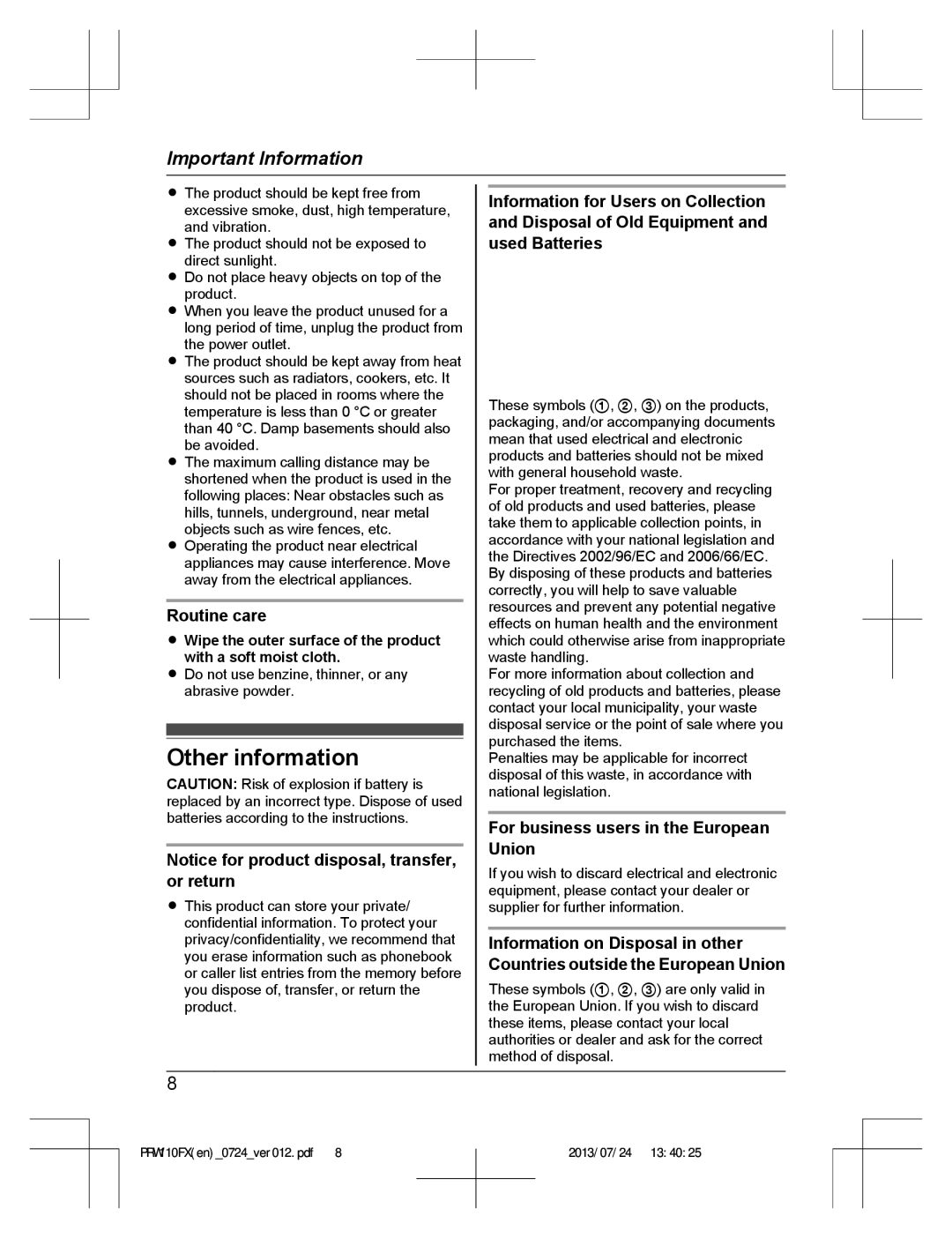 Panasonic KX-PRW110FX operating instructions Other information, Routine care, For business users in the European Union 