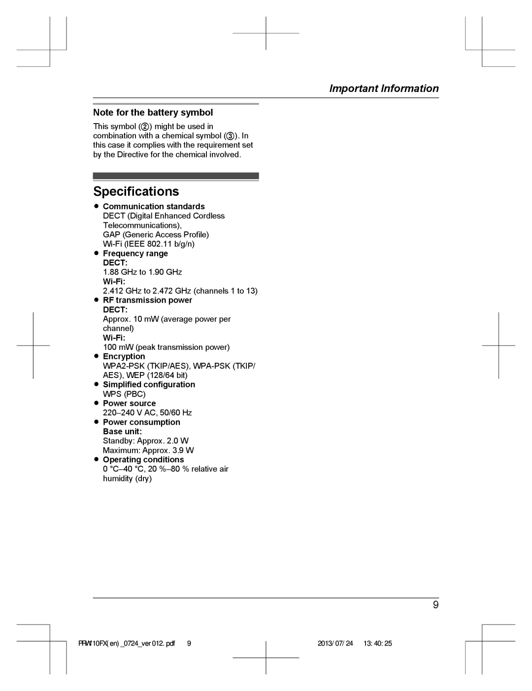 Panasonic KX-PRW110FX operating instructions Specifications 