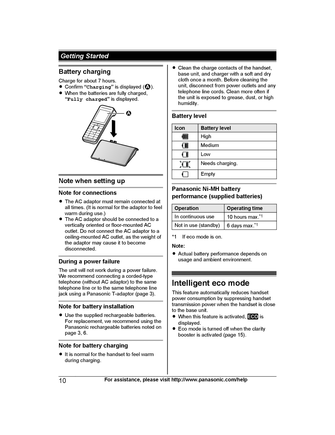 Panasonic KX-PRW120 operating instructions Intelligent eco mode, Battery charging, During a power failure, Battery level 