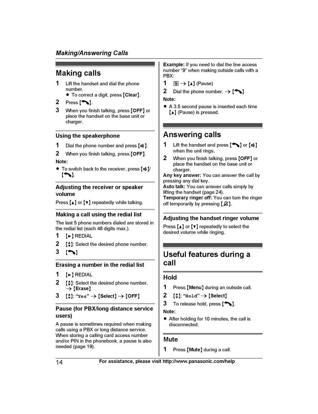 Panasonic KX-PRW120 operating instructions Making calls, Answering calls, Useful features during a call, Hold, Mute 