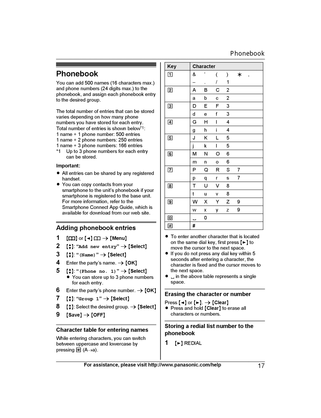 Panasonic KX-PRW120 operating instructions Phonebook, Adding phonebook entries, Character table for entering names 