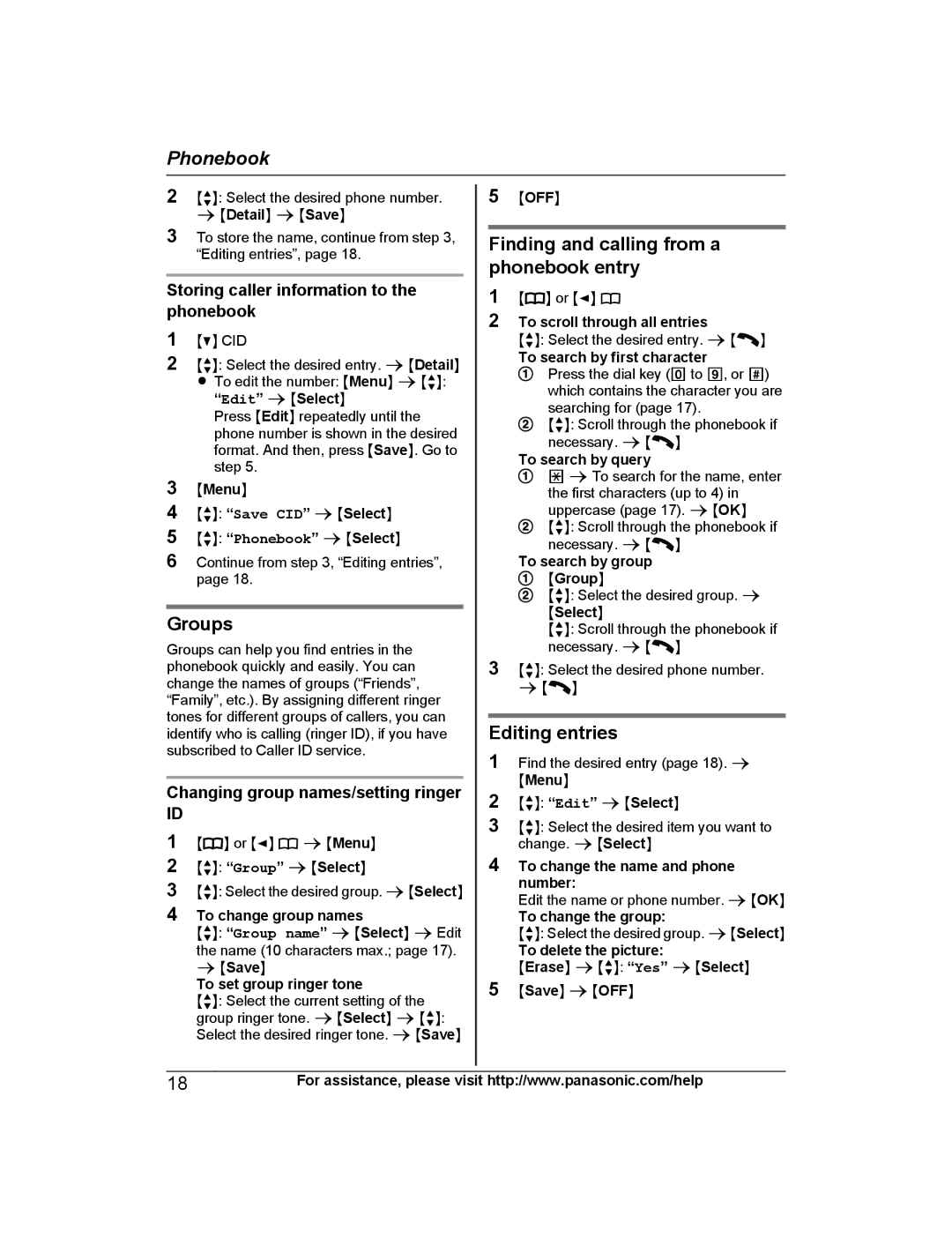 Panasonic KX-PRW120 operating instructions Groups, Finding and calling from a phonebook entry, Editing entries 