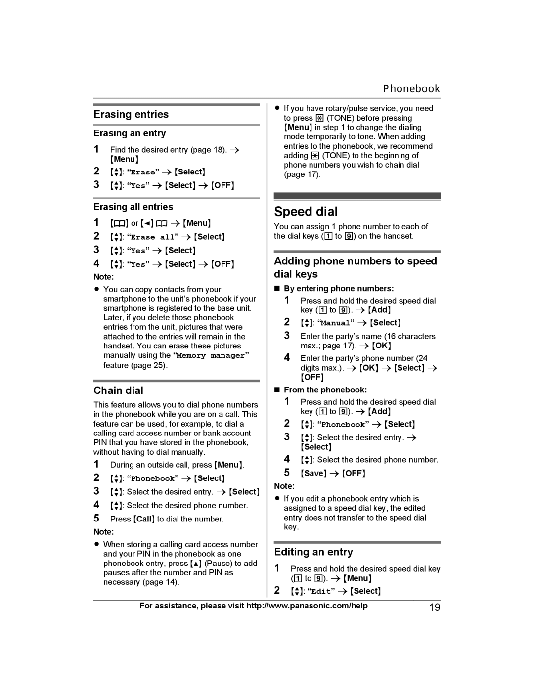 Panasonic KX-PRW120 Speed dial, Erasing entries, Chain dial, Adding phone numbers to speed dial keys, Editing an entry 
