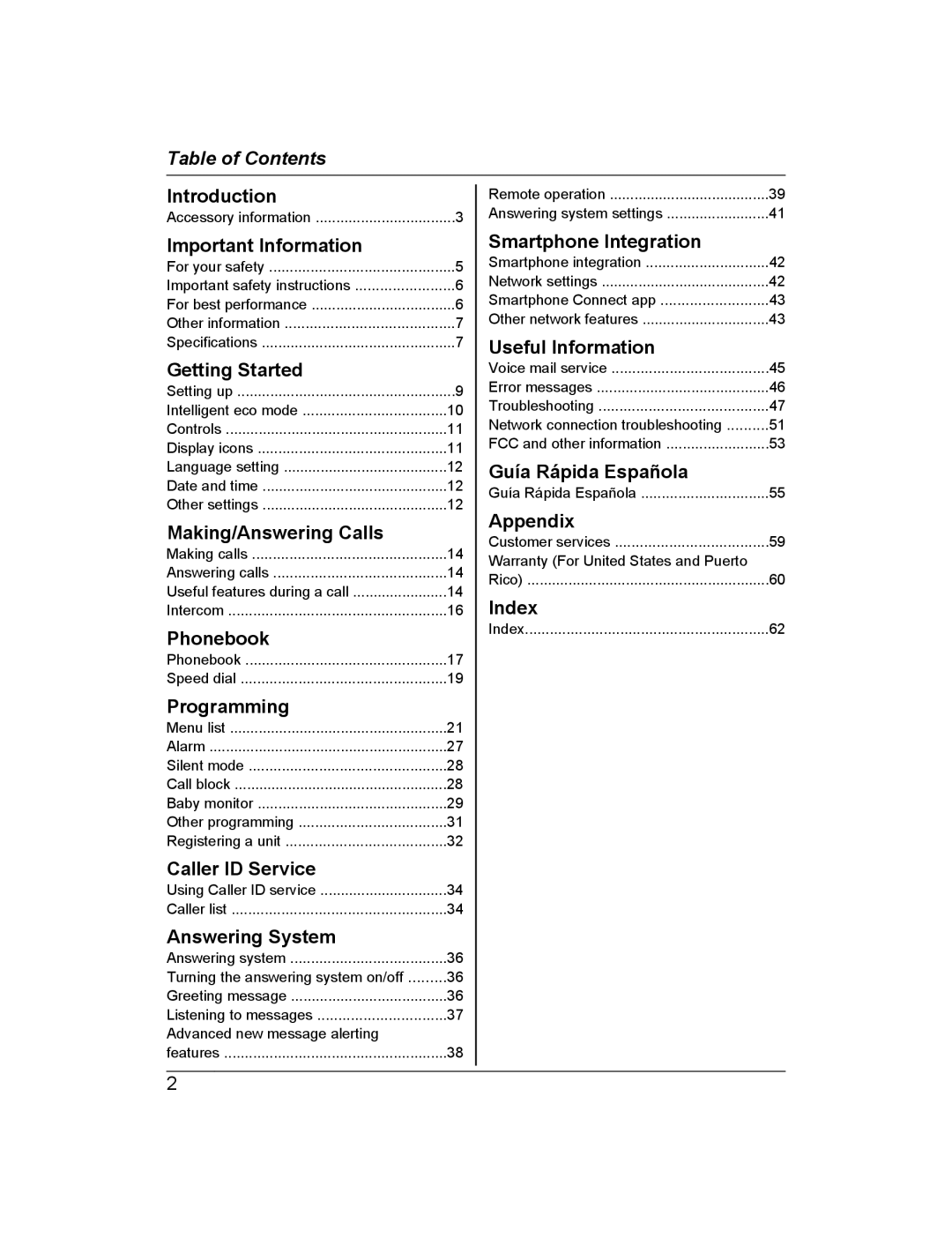 Panasonic KX-PRW120 operating instructions Table of Contents 