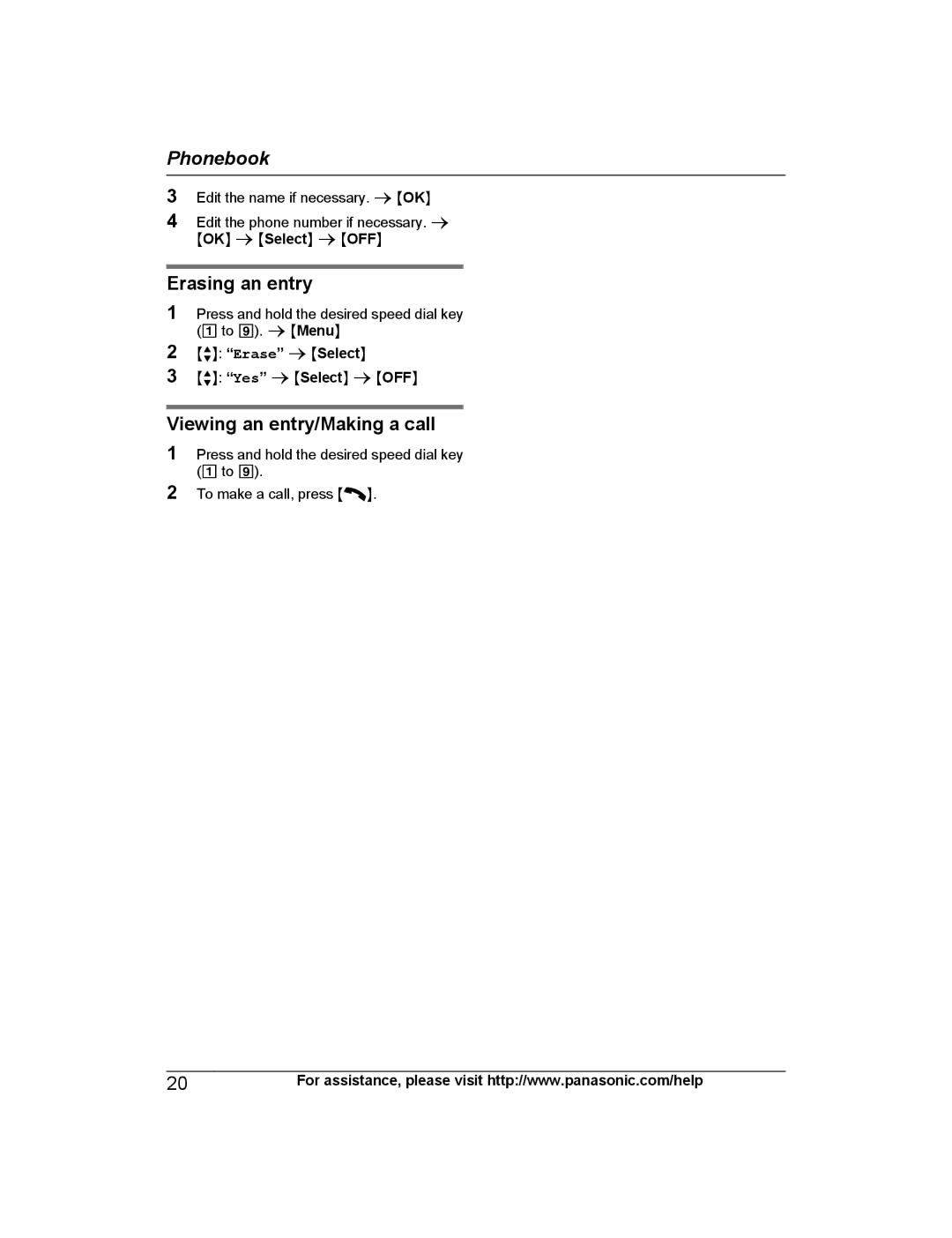 Panasonic KX-PRW120 operating instructions Erasing an entry, Viewing an entry/Making a call 