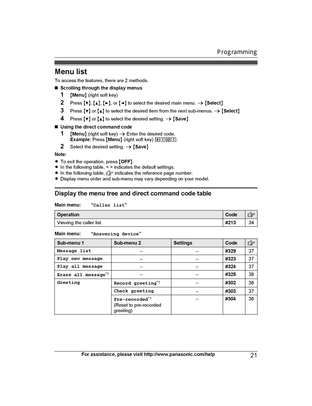 Panasonic KX-PRW120 operating instructions Menu list, Display the menu tree and direct command code table 