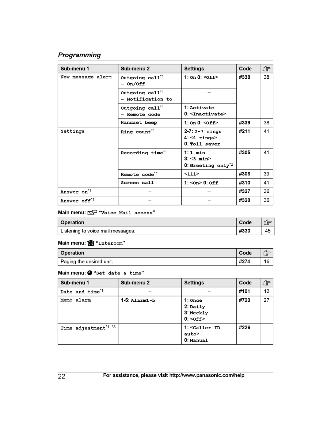 Panasonic KX-PRW120 New message alert Outgoing call *1, Settings Ring count*1 Rings, Rings Toll saver Recording time*1 Min 