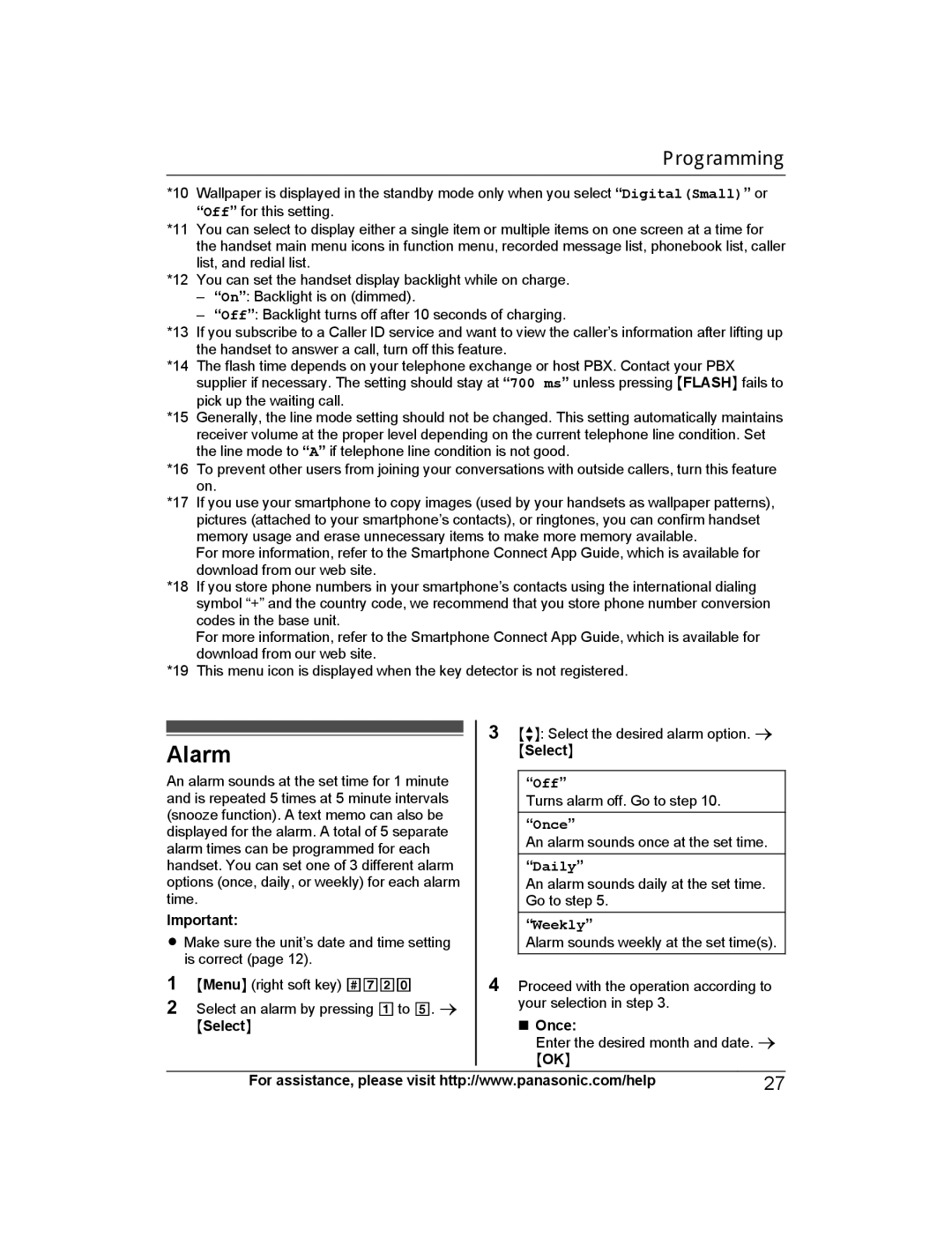 Panasonic KX-PRW120 operating instructions Alarm, Off, Once 