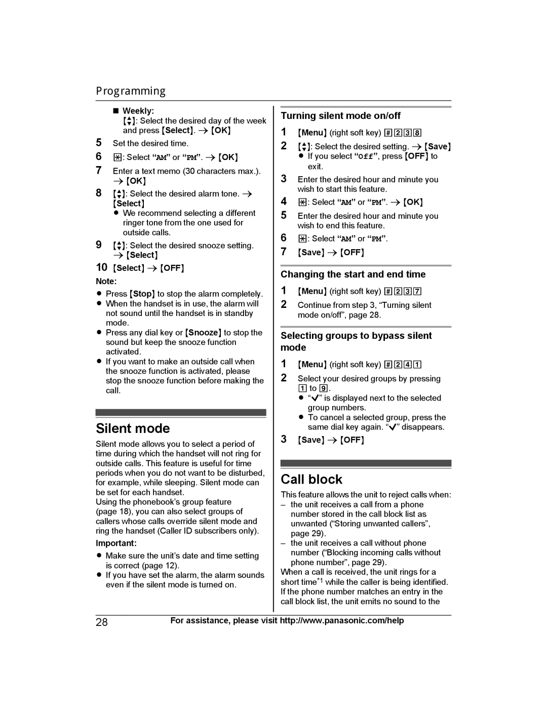 Panasonic KX-PRW120 operating instructions Call block, Turning silent mode on/off, Changing the start and end time, Mode 