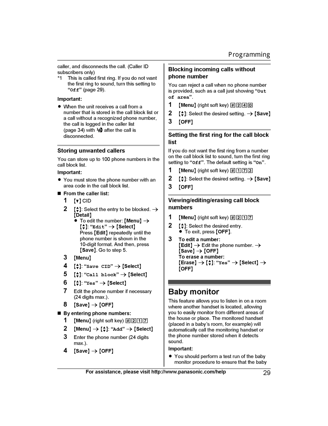 Panasonic KX-PRW120 Baby monitor, Storing unwanted callers, Blocking incoming calls without phone number 