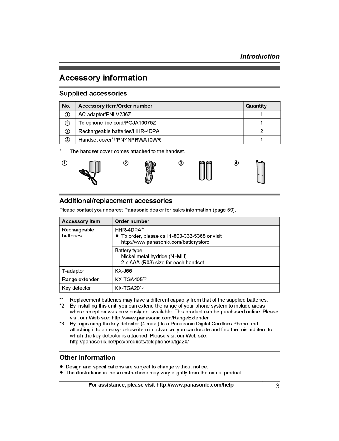 Panasonic KX-PRW120 Accessory information, Supplied accessories, Additional/replacement accessories, Other information 