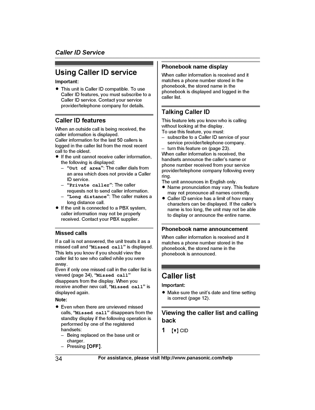 Panasonic KX-PRW120 operating instructions Using Caller ID service, Caller list, Caller ID features, Talking Caller ID 