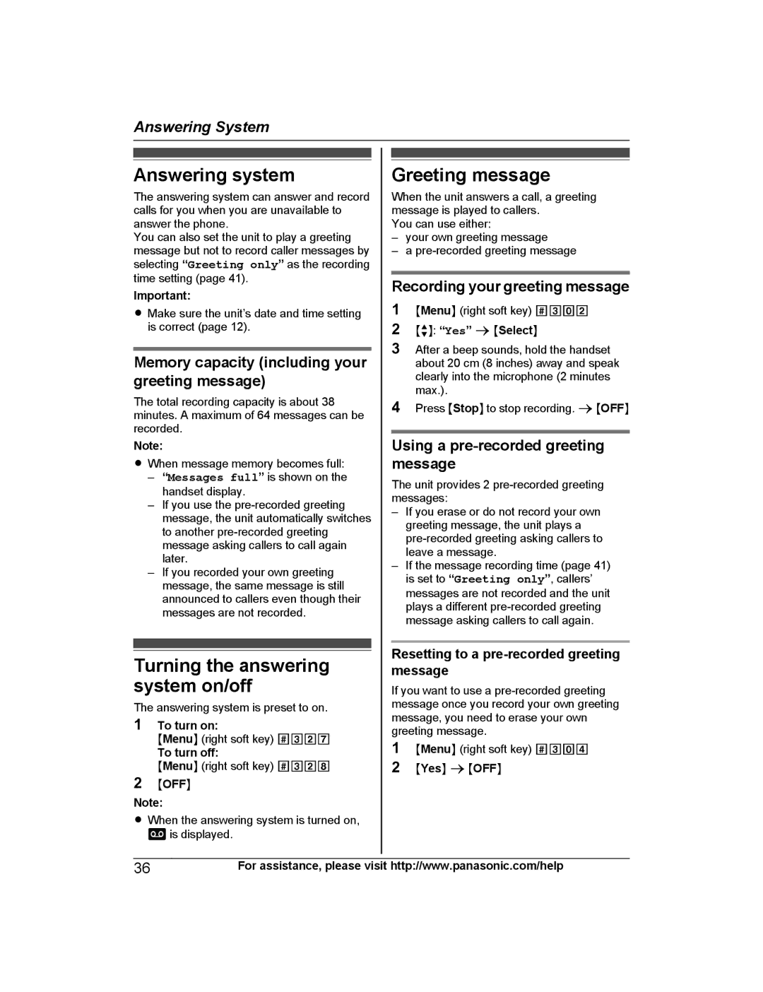 Panasonic KX-PRW120 Answering system, Greeting message, Memory capacity including your greeting message 