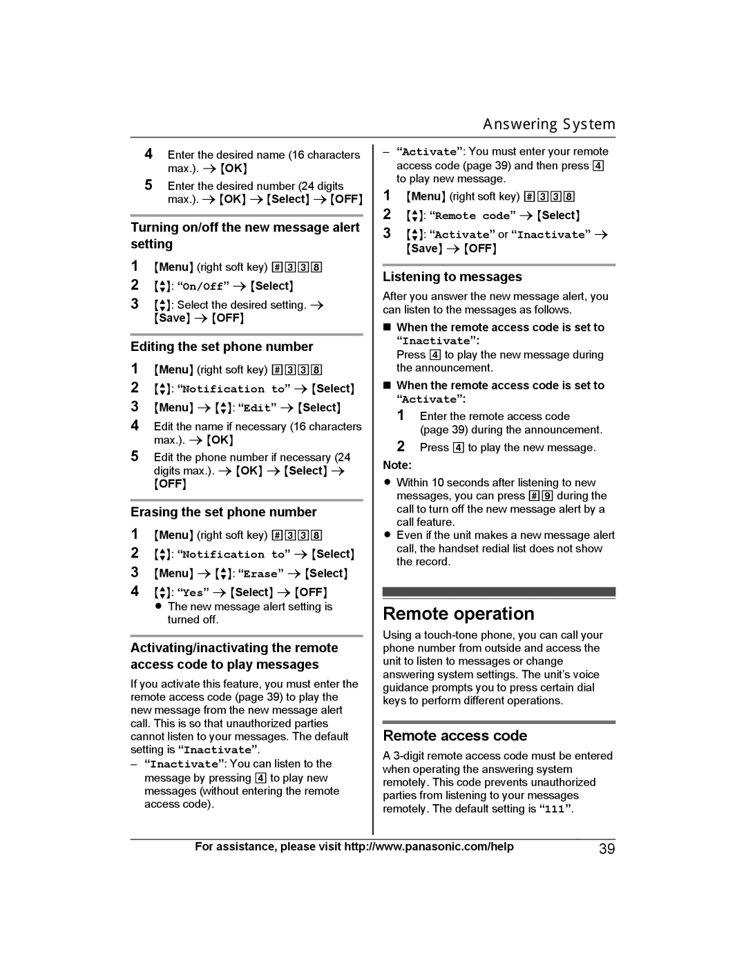 Panasonic KX-PRW120 operating instructions Remote operation, Remote access code 