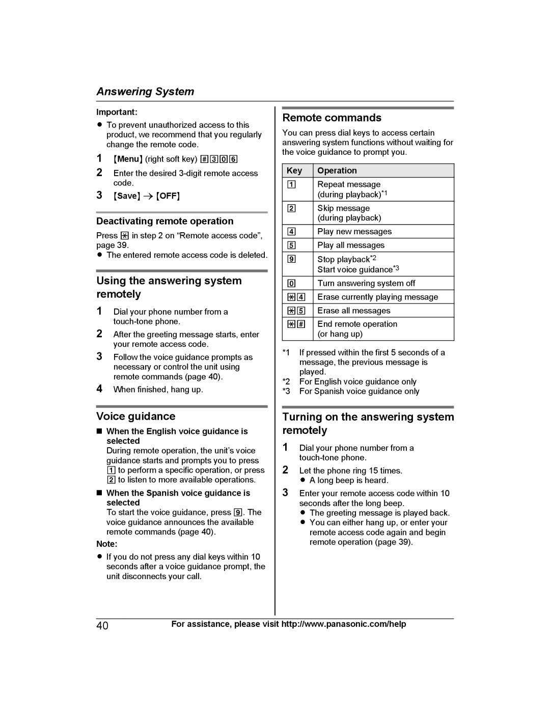 Panasonic KX-PRW120 Using the answering system remotely, Voice guidance, Remote commands, Deactivating remote operation 