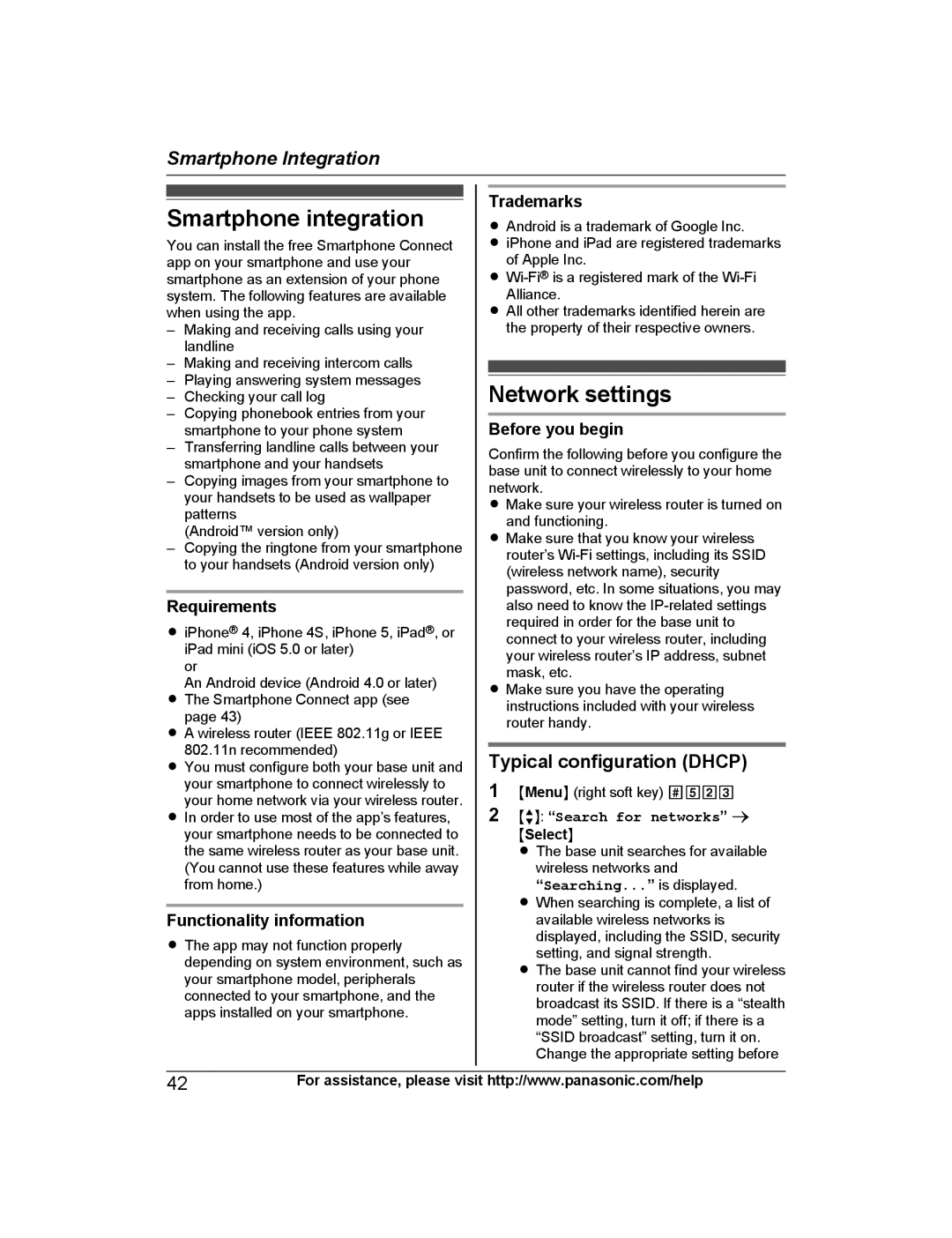 Panasonic KX-PRW120 operating instructions Smartphone integration, Network settings, Typical configuration Dhcp 