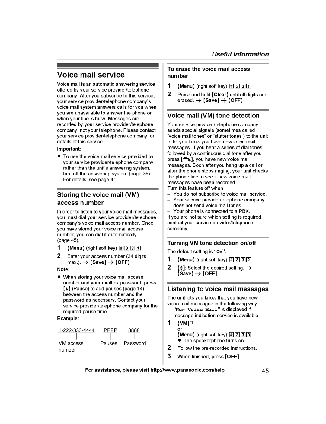 Panasonic KX-PRW120 Voice mail service, Storing the voice mail VM access number, Voice mail VM tone detection 