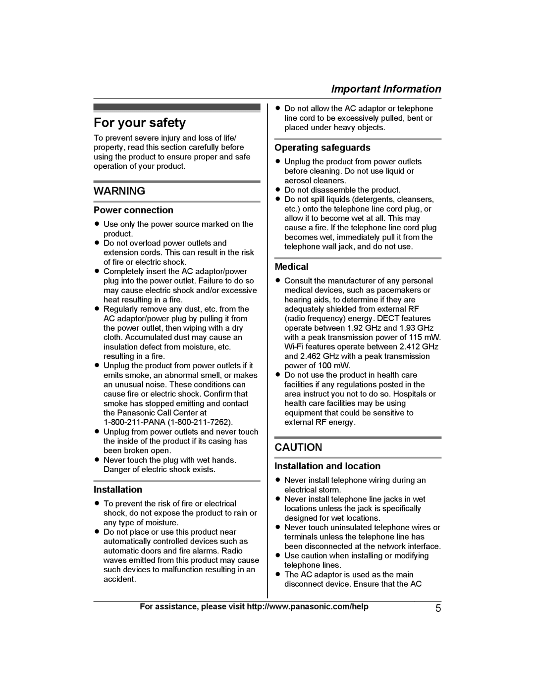 Panasonic KX-PRW120 operating instructions For your safety 