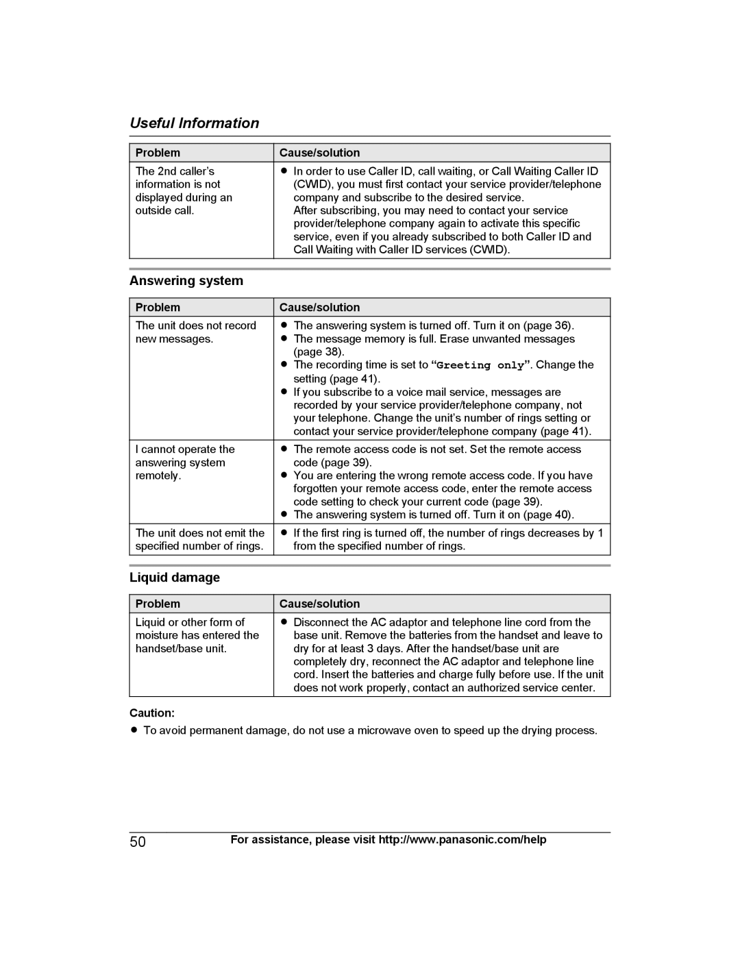 Panasonic KX-PRW120 operating instructions Answering system, Liquid damage 