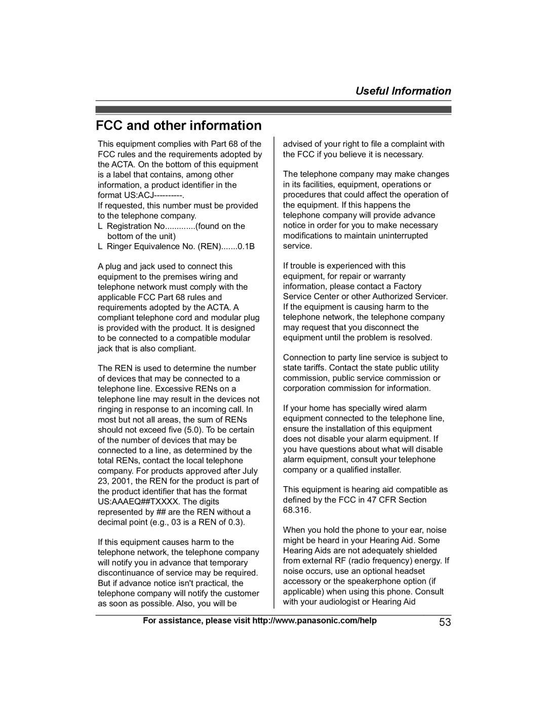 Panasonic KX-PRW120 operating instructions FCC and other information 