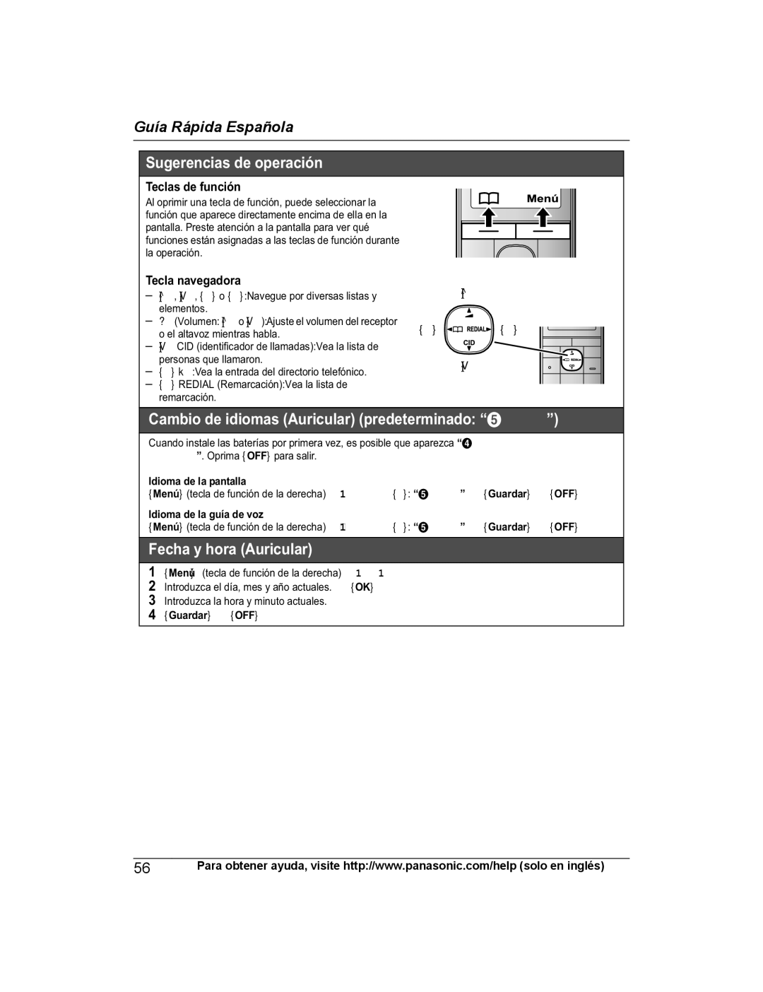 Panasonic KX-PRW120 operating instructions Idioma de la pantalla, Idioma de la guía de voz, Guardar s OFF 