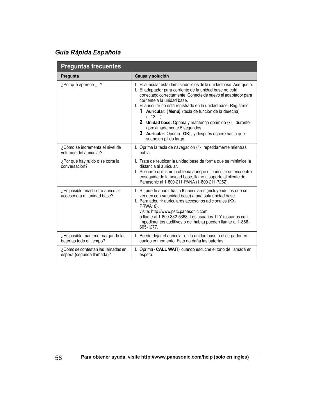 Panasonic KX-PRW120 operating instructions Preguntas frecuentes, Pregunta Causa y solución 