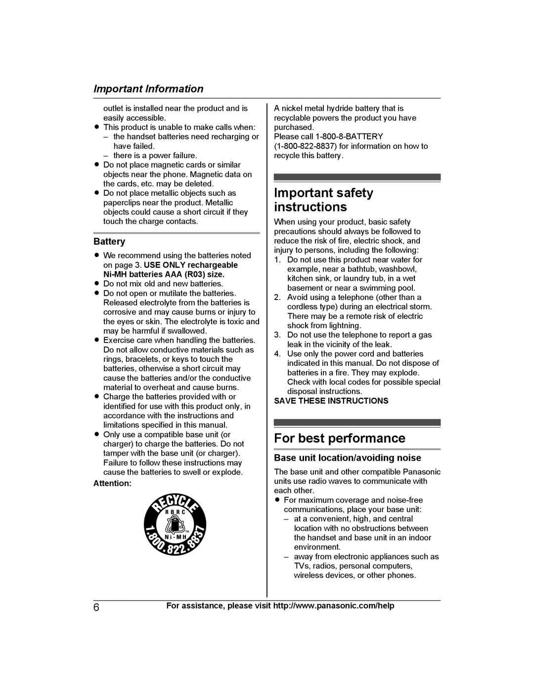 Panasonic KX-PRW120 Important safety instructions, For best performance, Battery, Base unit location/avoiding noise 